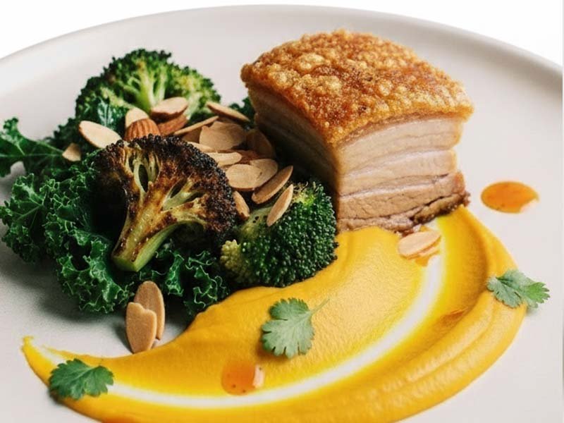 Crispy pork belly served with greens